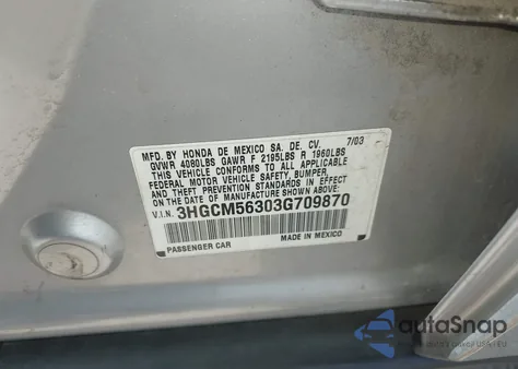 2003 Honda Accord 2.4 Lx from USA, damaged, VIN 3HGCM56303G709870